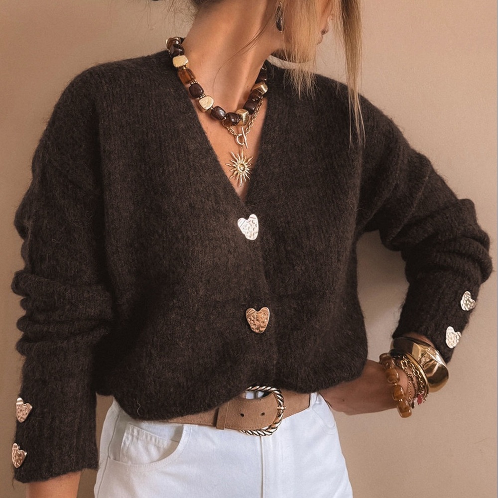 🆕💝Boutique🤎💛Chic Heart Button Cardigan Sweater in Chicory Brown